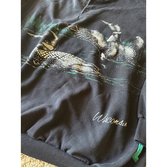 VTG Art Unlimited Sportswear USA Made Loon Black Pocketed 1/4 Button XL Crewneck - Picture 4 of 8